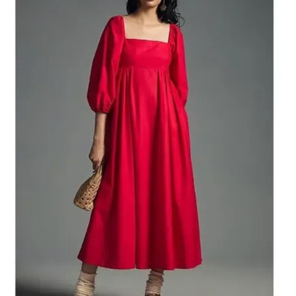 Anthropologie Dresses & Skirts - Maeve by Anthropologie Squareneck Red Cotton Smocked Midi Babydoll Dress Size SP